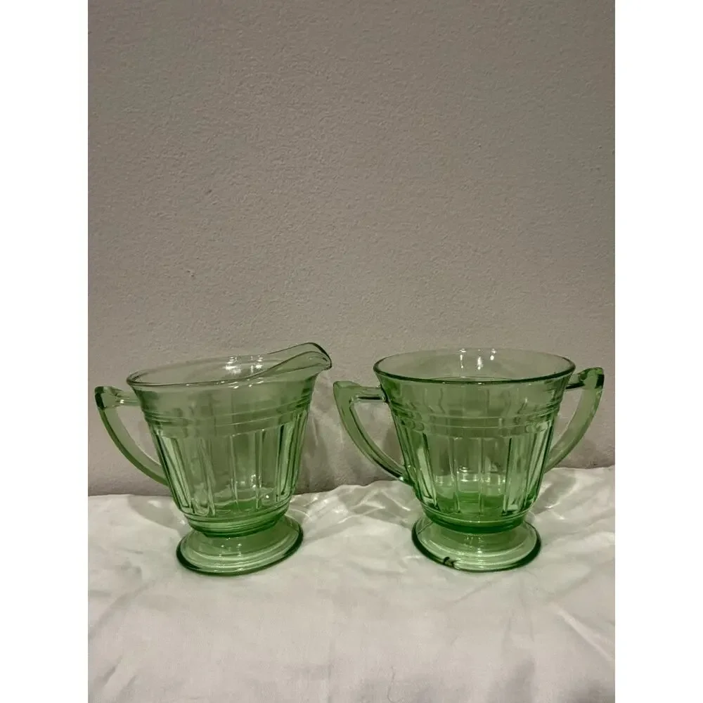 Vintage Green Depression Glass Creamer & Sugar Set | Hazel-Atlas Ribbon Pattern